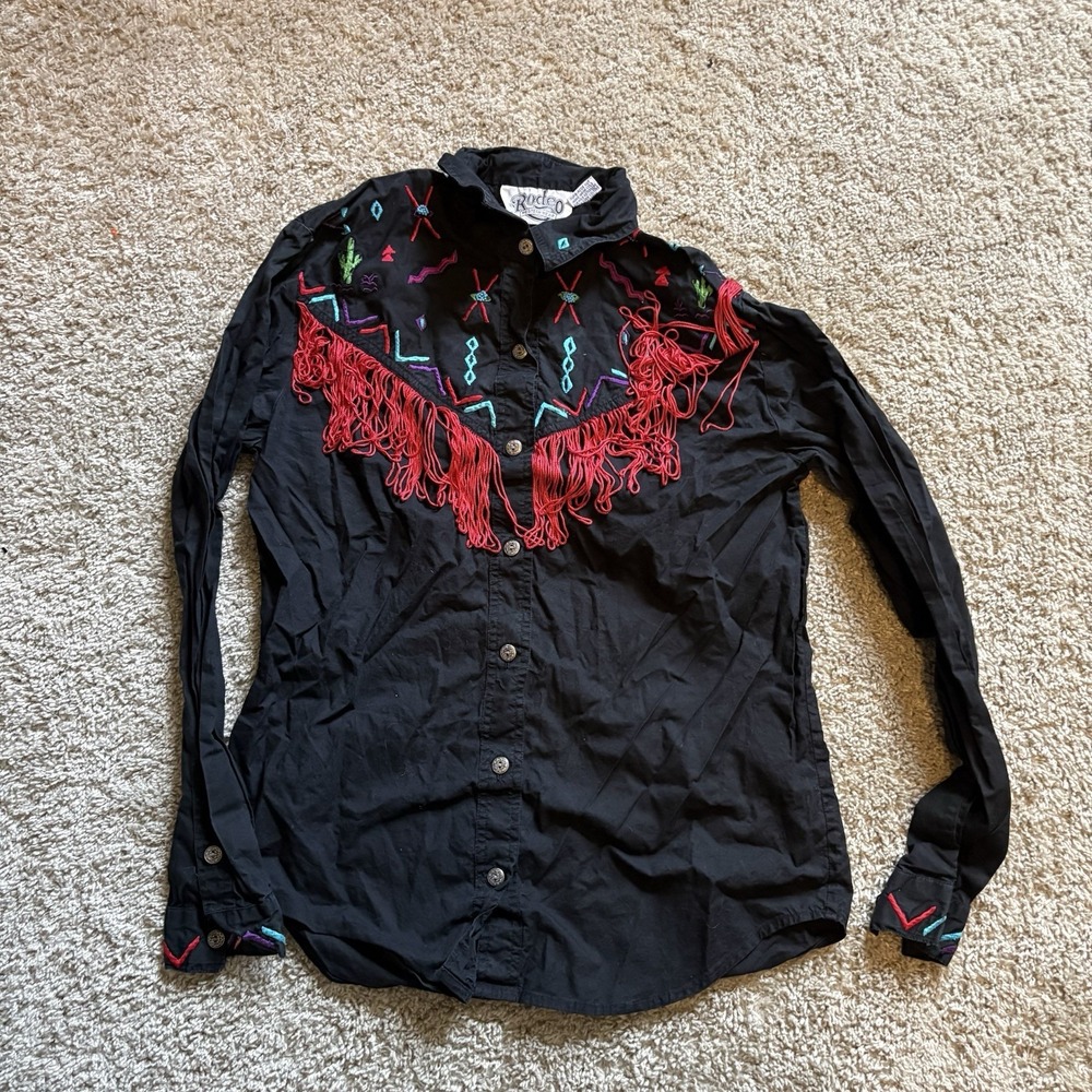 Vintage 80s Rodeo Western Shirt Mens Small Embroidered Tassle South Western